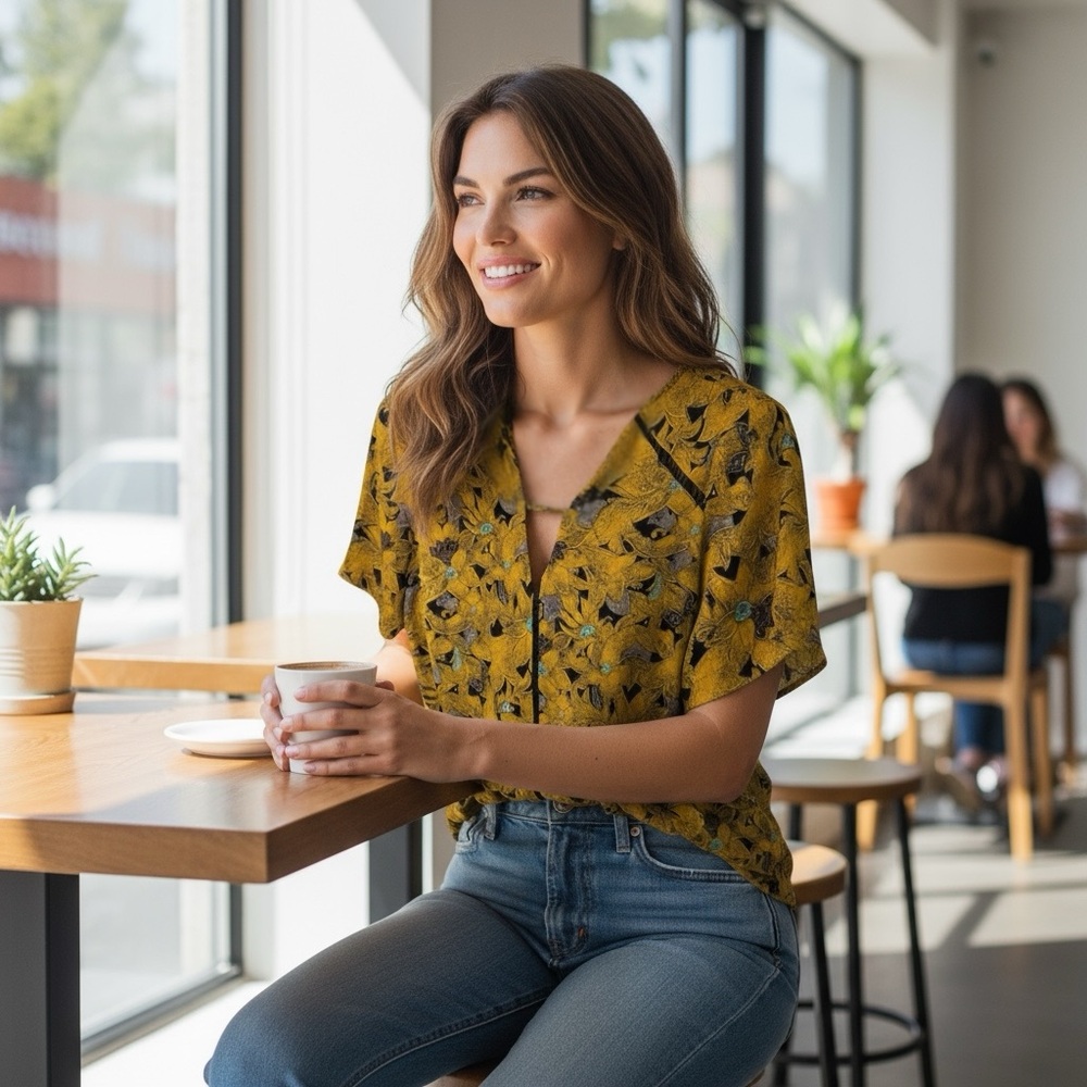 Astr Mustard Yellow Floral Short-Sleeve Blouse